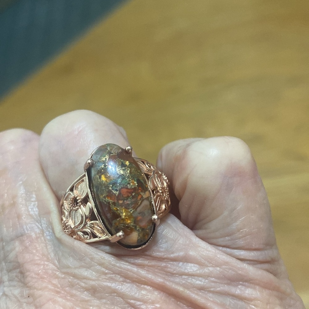 Fire Opal flower Ring with 18k Rose Gold Plating,  beautiful Matrix size 6